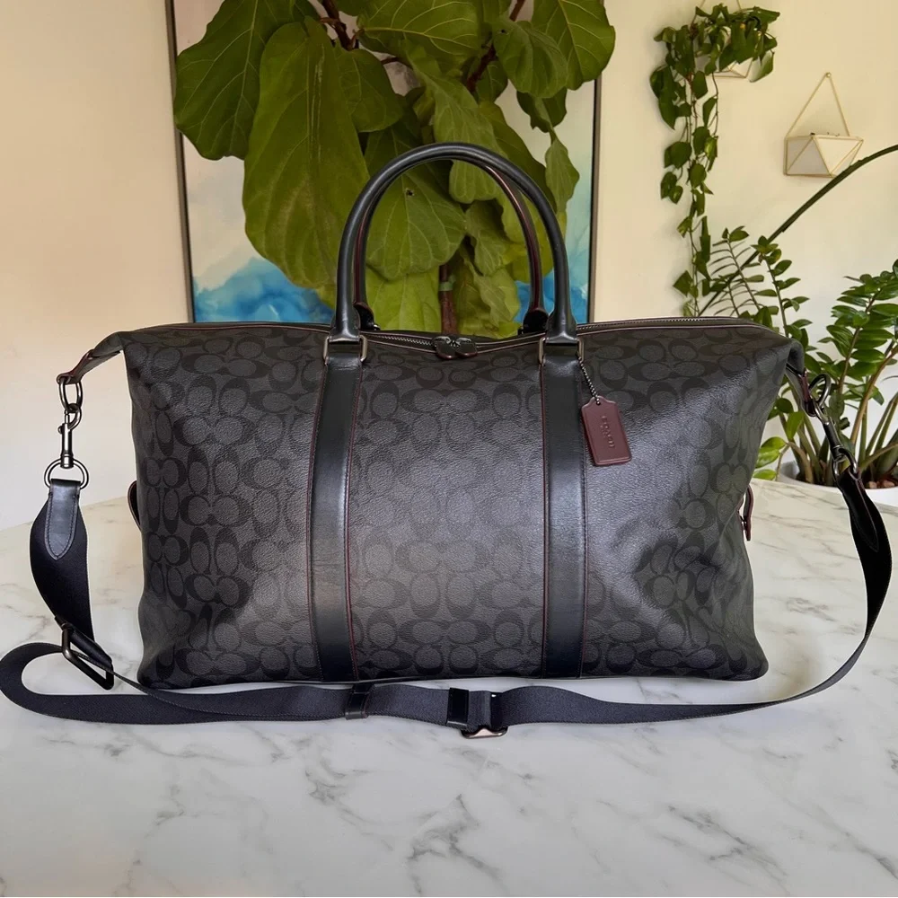 Coach Voyager Duffle Bag 52 in Signature Canvas Leather Black Oxblood F39677